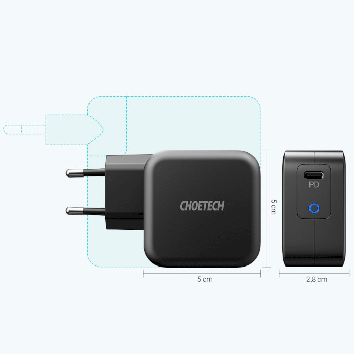 Зарядний пристрій CHOETECH Q6006 61W USB-C PD3.0, QC3.0 GaN Wall Charger Black w/Type-C cable