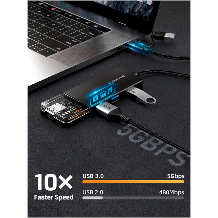 USB-хаб CABLETIME USB-C/USB-A to 4xUSB3.0, 1xUSB-C Power (CB03B)