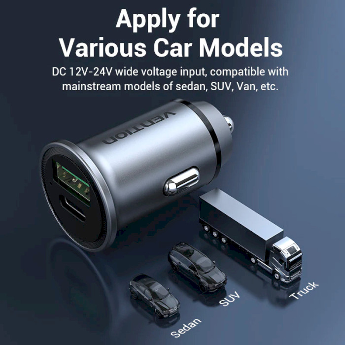Автомобільний зарядний пристрій VENTION Two-Port USB-A, USB-C, PD3.0, QC4.0, 18W/20W Car Charger Gray (FFBH0)