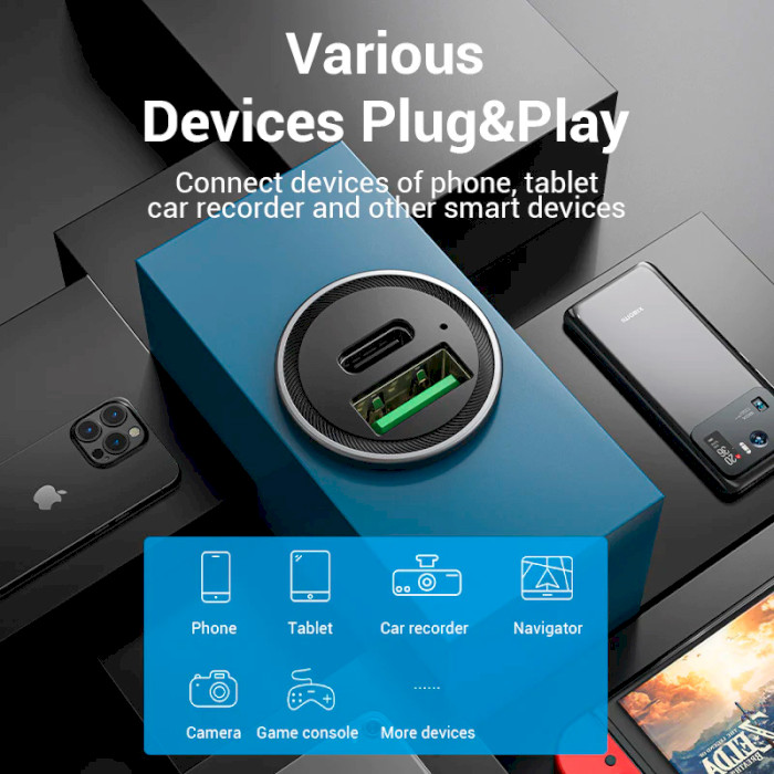 Автомобільний зарядний пристрій VENTION Two-Port USB-A, USB-C, PD3.0, QC4.0, 18W/20W Car Charger Gray (FFBH0)