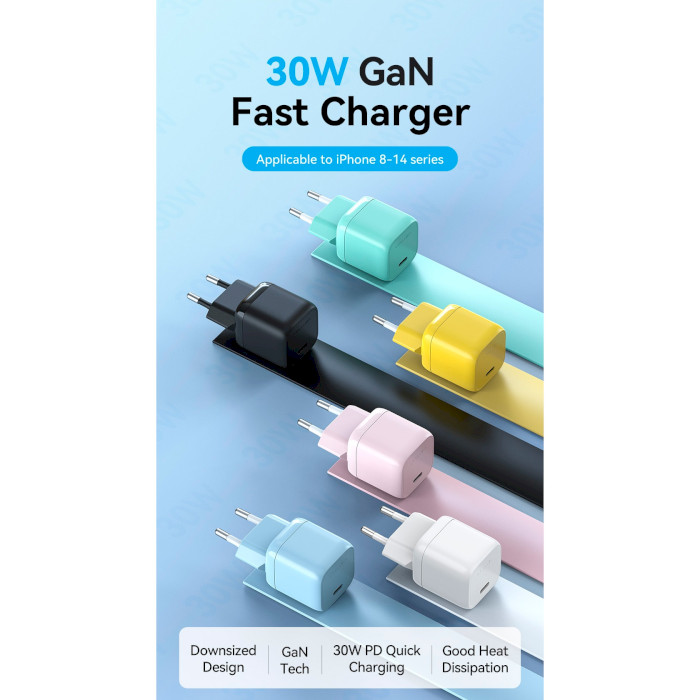 Зарядний пристрій VENTION 30W GaN Fast Charger USB-C, PD3.0, QC4+ Blue (FAKL0-EU)