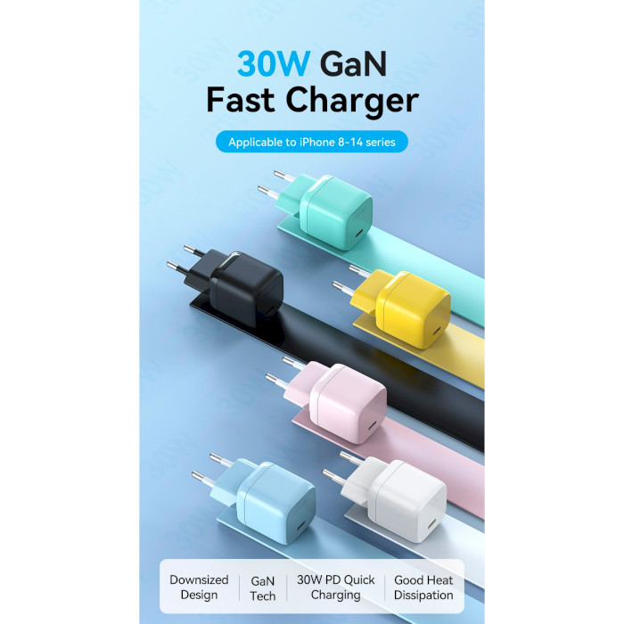 Зарядное устройство VENTION 30W GaN Fast Charger USB-C, PD3.0, QC4+ Pink (FAKP0-EU)