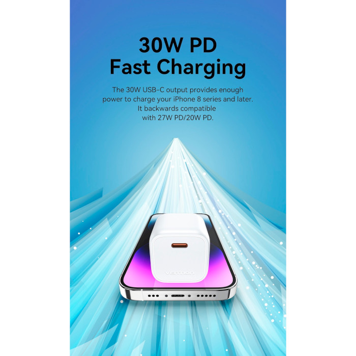 Зарядний пристрій VENTION 30W GaN Fast Charger USB-C, PD3.0, QC4+ White (FAKW0-EU)