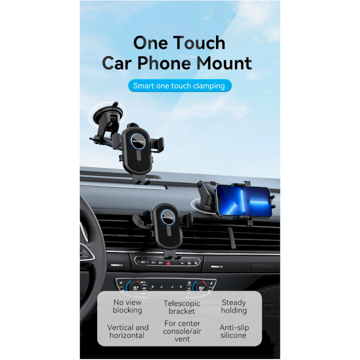 Автодержатель для смартфона VENTION One Touch Clamping Car Phone Mount With Suction Cup Black