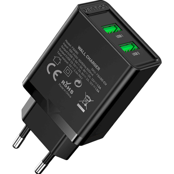Зарядное устройство VENTION Two-Port USB-A, QC3.0, 18W/18W Wall Charger Black (FBAB0-EU)