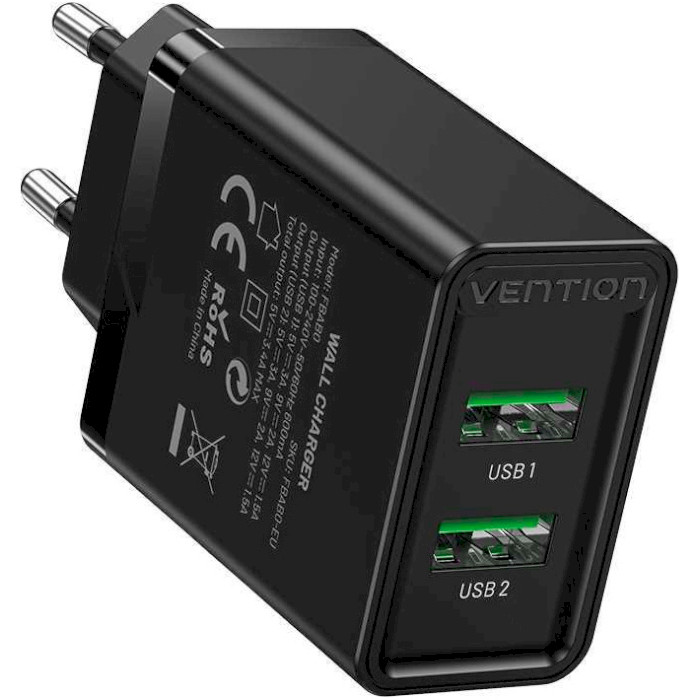 Зарядний пристрій VENTION Two-Port USB-A, QC3.0, 18W/18W Wall Charger Black (FBAB0-EU)