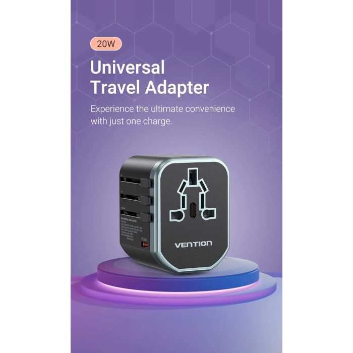 Зарядное устроство VENTION Three-Port USB-C, 2xUSB-A PD3.0, QC3.0 20W Universal Travel Adapter Wall Charger Black (FJCB0)