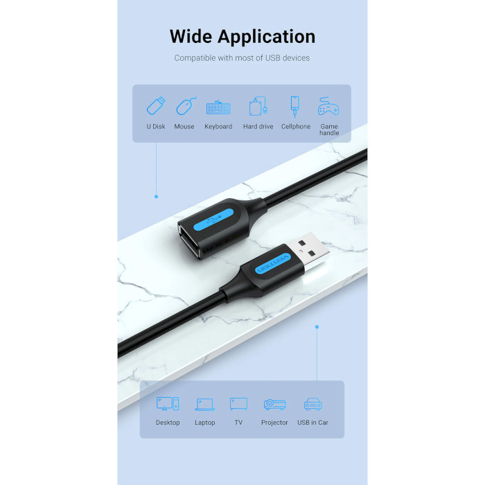 Кабель-удлинитель VENTION USB 2.0 AM/AF Extension Cable 2м Black (CBIBH)
