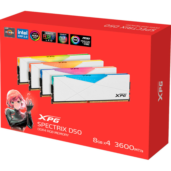 Модуль пам'яті ADATA XPG Spectrix D50 RGB White DDR4 3600MHz 32GB Kit 4x8GB (AX4U36008G18I-QCWH50)