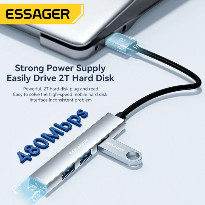 USB-хаб ESSAGER 4-in-1 USB-A to 4xUSB-A2.0 OTG Charging Hub (EHBA04-FY10-P)