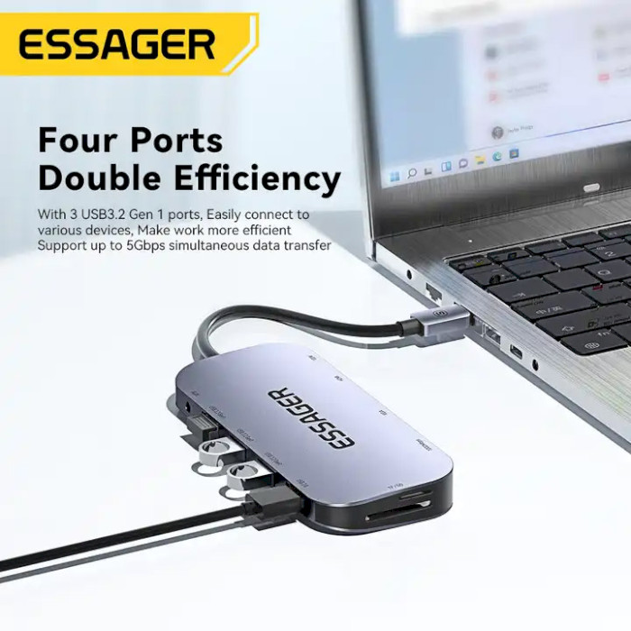 Порт-реплікатор ESSAGER Marble Harp 11-in-1 USB-C to HDMI, VGA, 4xUSB-A3.2, 1xUSB-A2.0, TF/SD, AUX, PD100W (EHB11-FQ0G-Z)