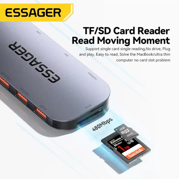 Порт-реплікатор ESSAGER Marble Harp 11-in-1 USB-C to HDMI, VGA, 4xUSB-A3.2, 1xUSB-A2.0, TF/SD, AUX, PD100W (EHB11-FQ0G-Z)