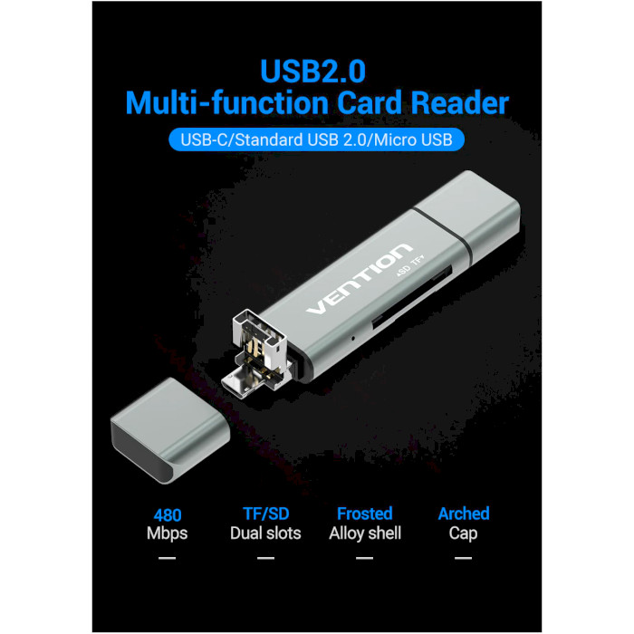 Кардридер VENTION USB2.0 SD+TF Card Reader Triple Drive Letter Gray (CCJH0)