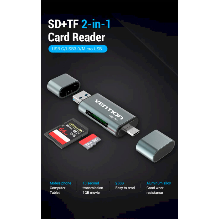 Кардрідер VENTION USB3.0 SD+TF Card Reader Triple Drive Letter Gray