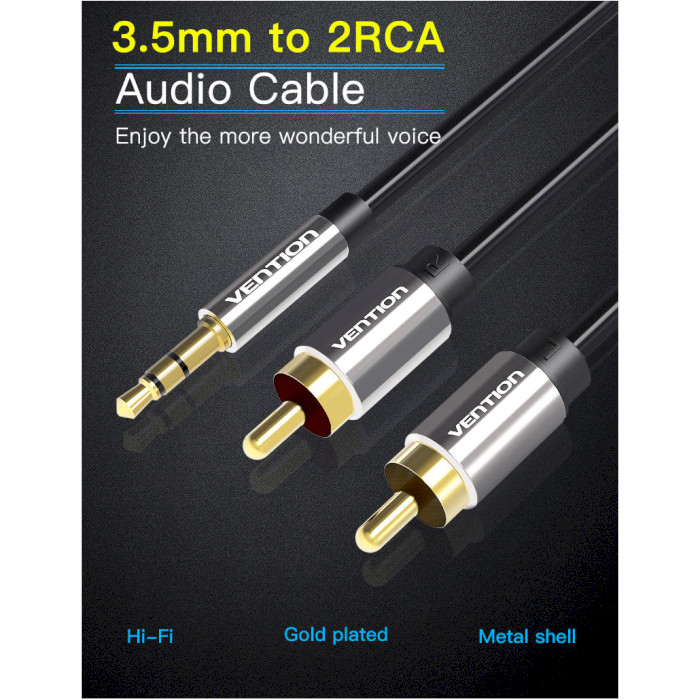 Кабель VENTION 3.5mm Male to 2RCA Male Audio Cable mini-jack 3.5 мм - 2RCA 1.5м Black (BCFBG)