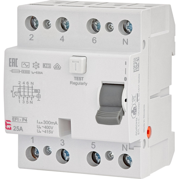 Диференційний автоматичний вимикач ETI EFI-P4 AC 25/0.3 3p+N, 25А, 10кА (2061631)