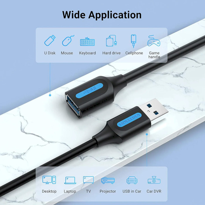 Кабель-удлинитель VENTION USB 3.0 AM/AF Extension Cable 1м Black (CBHBF)