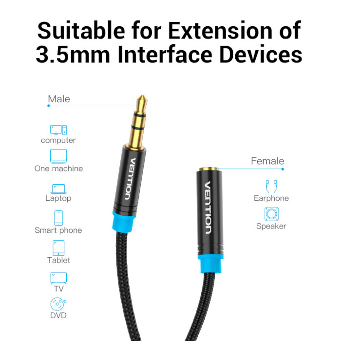 Кабель-подовжувач VENTION Audio Extension Cable mini-jack 3.5mm 3м Black (VAB-B06-B300-M)