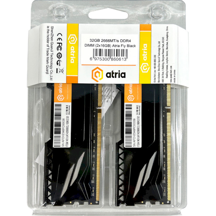 Модуль памяти ATRIA Fly Black DDR4 2666MHz 32GB Kit 2x16GB (UAT42666CL19BK2/32)