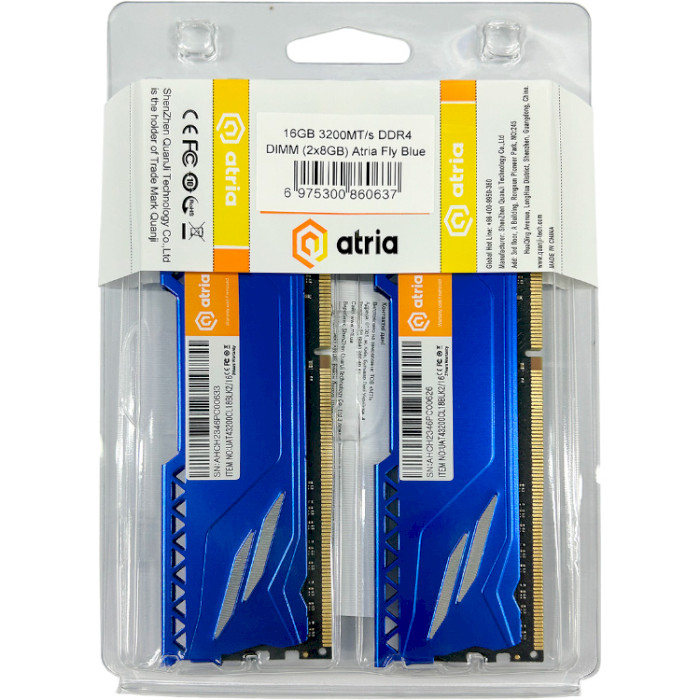 Модуль пам'яті ATRIA Fly Blue DDR4 3200MHz 16GB Kit 2x8GB (UAT43200CL18BLK2/16)