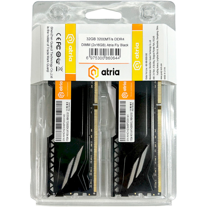 Модуль пам'яті ATRIA Fly Black DDR4 3200MHz 32GB Kit 2x16GB (UAT43200CL18BK2/32)