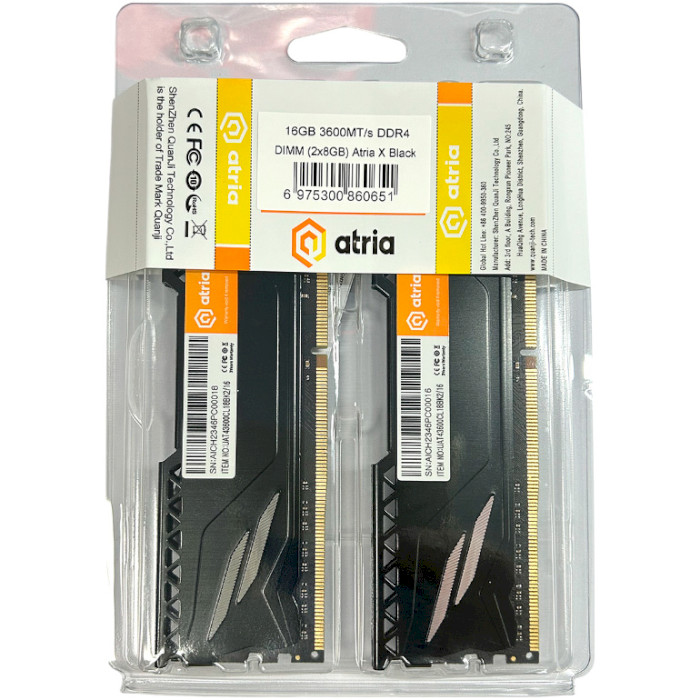Модуль пам'яті ATRIA Fly Black DDR4 3600MHz 16GB Kit 2x8GB (UAT43600CL18BK2/16)