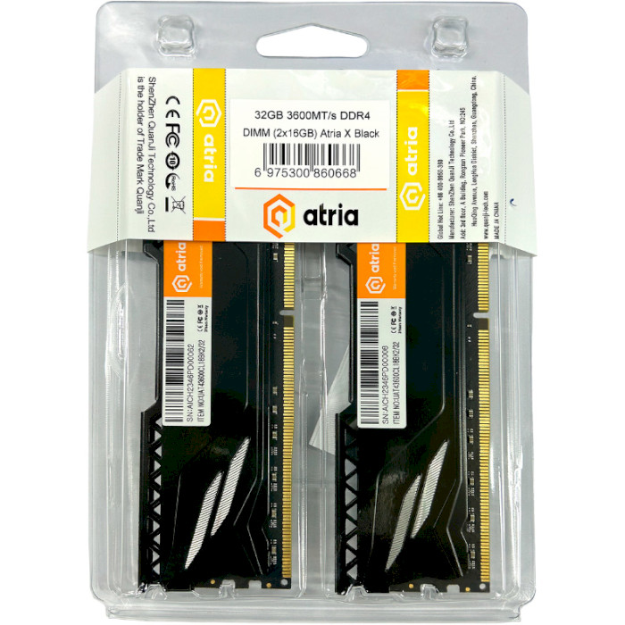 Модуль памяти ATRIA Fly Black DDR4 3600MHz 32GB Kit 2x16GB (UAT43600CL18BK2/32)