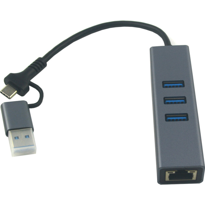Мережевий адаптер з USB-хабом DYNAMODE 4-in1 USB-C/USB-A to 3xUSB3.0, LAN