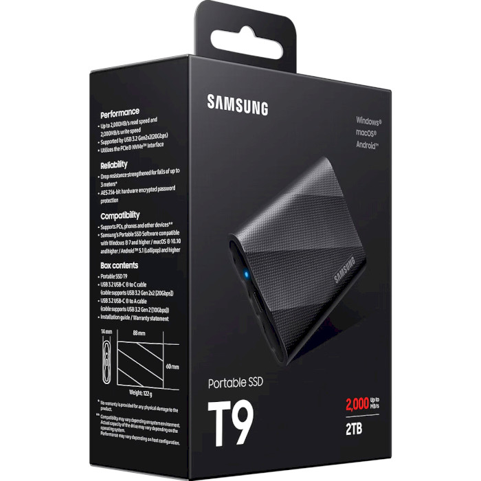 Портативный SSD диск SAMSUNG T9 2TB USB3.2 Gen2x2 (MU-PG2T0B/EU)