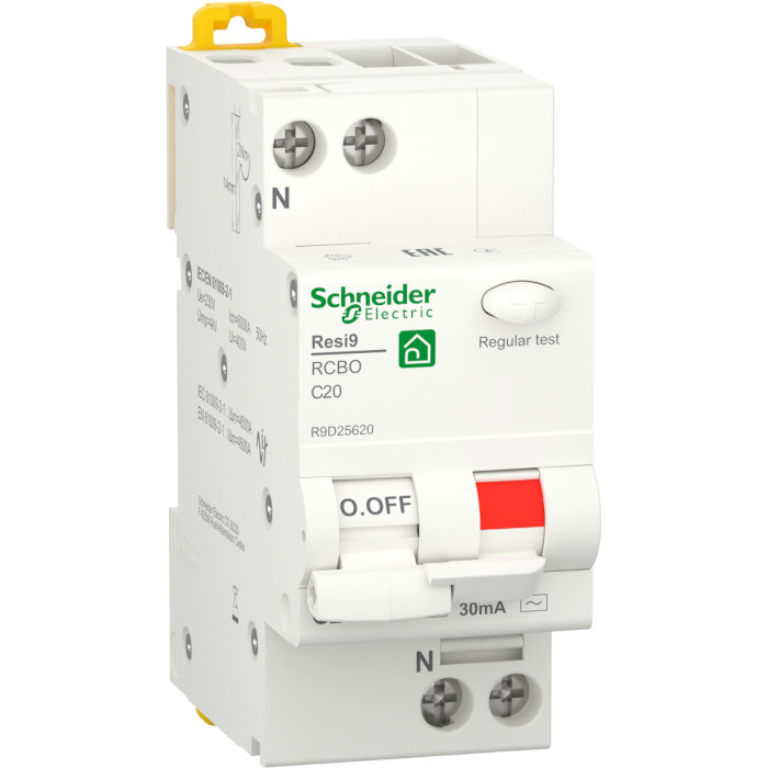 Диференційний автоматичний вимикач SCHNEIDER ELECTRIC RESI9 1p+N, 20А, C, 6кА (R9D25620)