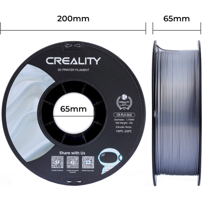 Пластик (філамент) для 3D принтера CREALITY CR-PLA Silk 1.75mm, 1кг, Silver (3301120007)