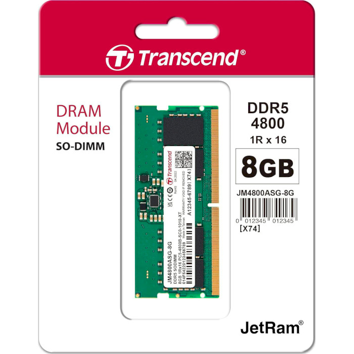 Модуль пам'яті TRANSCEND JetRam SO-DIMM DDR5 4800MHz 8GB (JM4800ASG-8G)