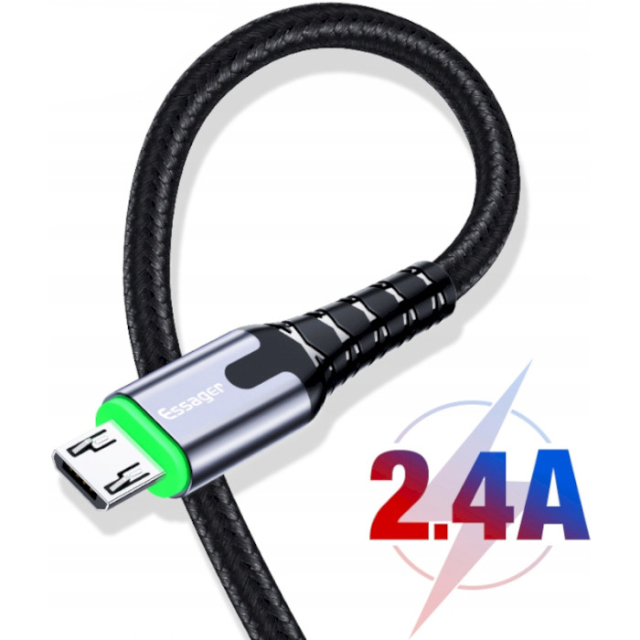 Кабель ESSAGER LED Light USB Charging & Data Cable USB-A to Micro-USB 2.4A 1м Black (EXCM-XG0G)