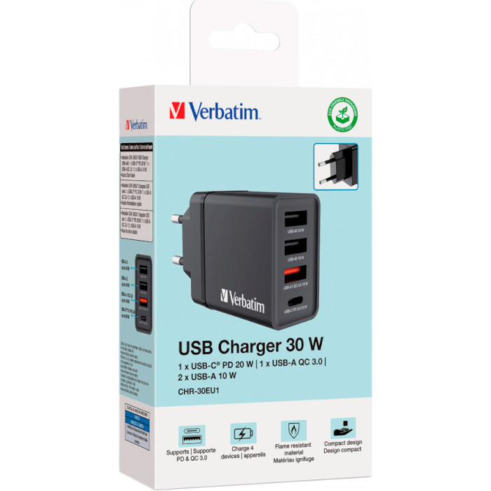 Зарядное устройство VERBATIM 30W 1xUSB-C, 3xUSB-A, PD3.0, QC3.0 Wall Charger Black