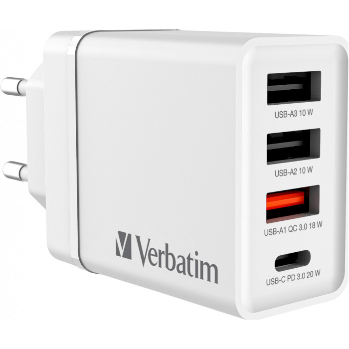 Зарядное устройство VERBATIM 30W 1xUSB-C, 3xUSB-A, PD3.0, QC3.0 Wall Charger White