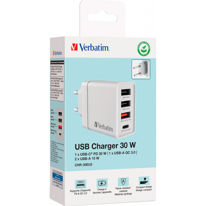Зарядний пристрій VERBATIM 30W 1xUSB-C, 3xUSB-A, PD3.0, QC3.0 Wall Charger White