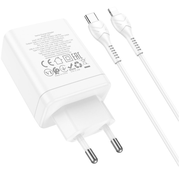 Зарядний пристрій HOCO N33 Start 1xUSB-A, 2xUSB-C PD35W White w/Type-C to Lightning cable (6931474795090)