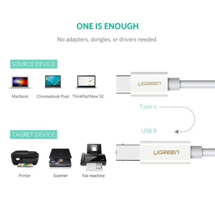 Кабель UGREEN US241 USB-C to USB-B 1м White (40560)
