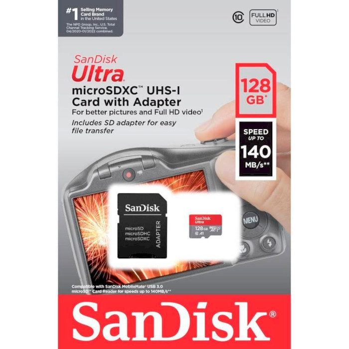 Карта пам'яті SANDISK microSDXC Ultra 128GB UHS-I A1 Class 10 + SD-adapter (SDSQUAB-128G-GN6IA)