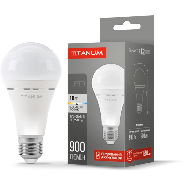 Лампа аккумуляторная LED TITANUM Filament A68 E27 10W 4000K 220V (TL-EMA68-10274)