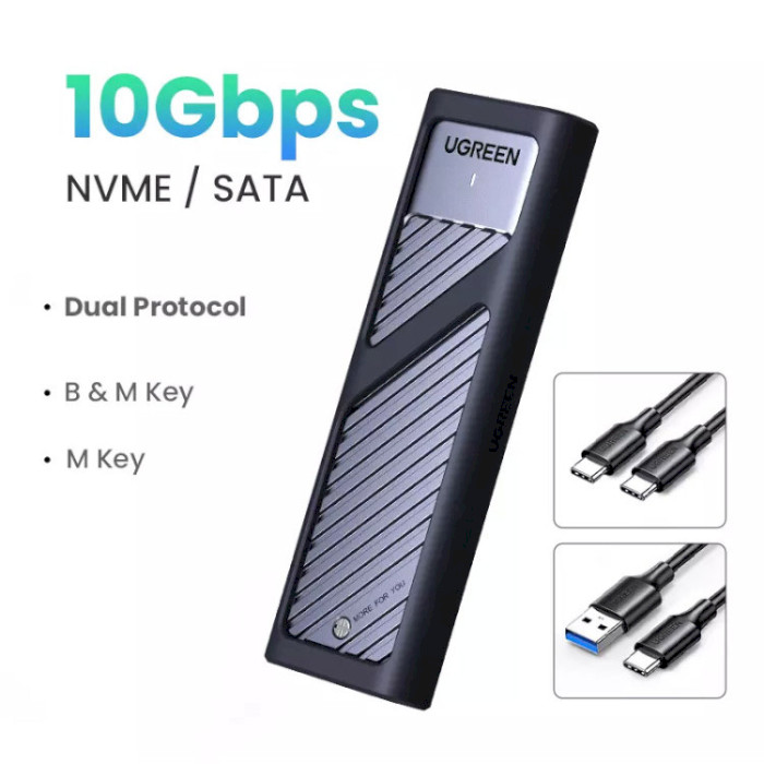 Карман внешний UGREEN CM559 10Gbps M.2 NVMe SATA Enclosure NVMe/SATA M.2 SSD to USB 3.2 Black (90408)