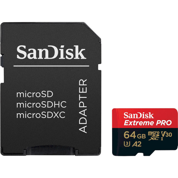 Карта пам'яті SANDISK microSDXC Extreme Pro 64GB UHS-I U3 V30 A2 Class 10 + SD-adapter (SDSQXCU-064G-GN6MA)