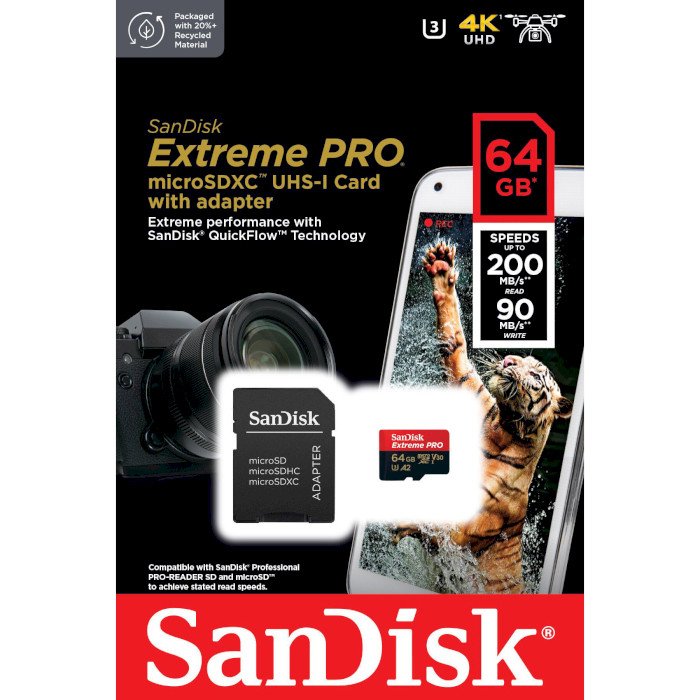 Карта памяти SANDISK microSDXC Extreme Pro 64GB UHS-I U3 V30 A2 Class 10 + SD-adapter (SDSQXCU-064G-GN6MA)