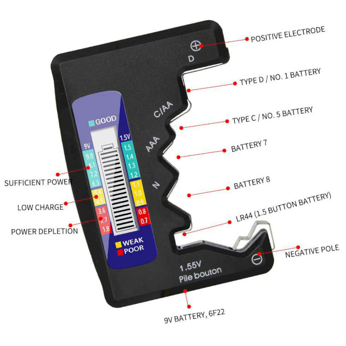 Тестер заряду батарейок VOLTRONIC BT-886 LCD (AA/AAА/D/C/AG, 1.5/9V)