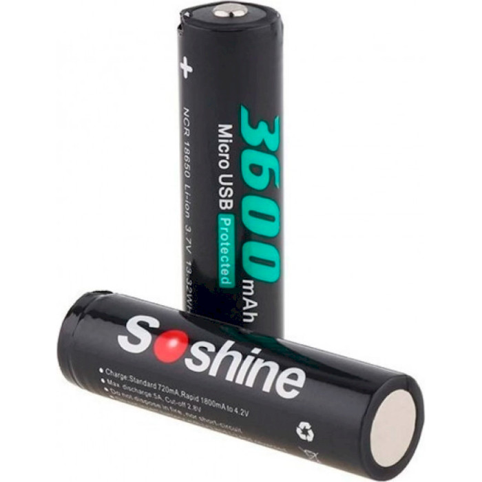 Аккумулятор SOSHINE Li-ion Protected 18650 3600mAh 3.7V TipTop, micro-USB зарядка (18650USB/3600)