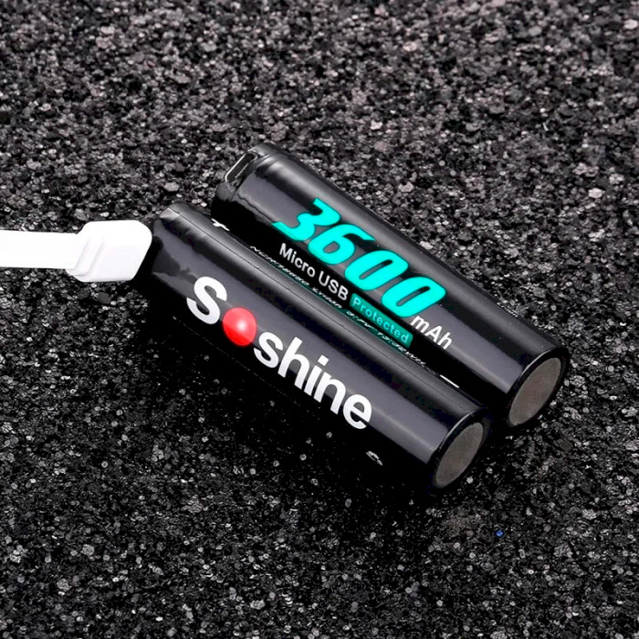 Акумулятор SOSHINE Li-ion Protected 18650 3600mAh 3.7V TipTop, micro-USB заряджання (18650USB/3600)