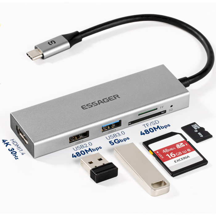 Порт-реплікатор ESSAGER 5-in-1 USB-C to 1xHDMI, 1xUSB-A3.0, 1xUSB-2.0, SD/TF (EHBC05-FH0G-P)
