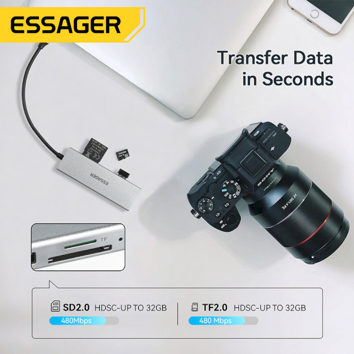 Порт-реплікатор ESSAGER 5-in-1 USB-C to 1xHDMI, 1xUSB-A3.0, 1xUSB-2.0, SD/TF (EHBC05-FH0G-P)