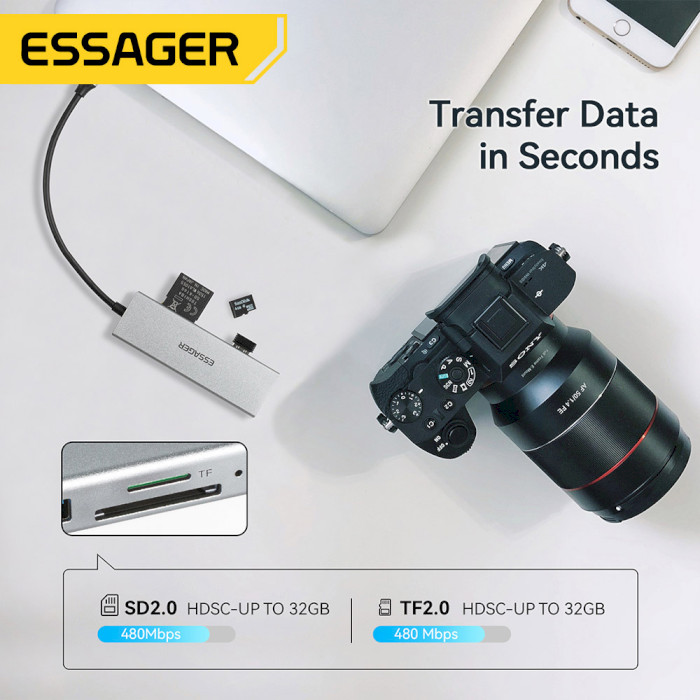 Порт-репликатор ESSAGER 5-in-1 USB-C to 1xHDMI, 1xUSB-A3.0, 1xUSB-2.0, SD/TF (EHBC05-FH0G-P)