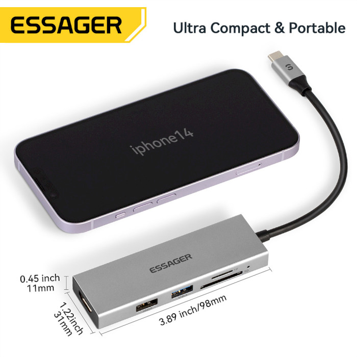 Порт-репликатор ESSAGER 5-in-1 USB-C to 1xHDMI, 1xUSB-A3.0, 1xUSB-2.0, SD/TF (EHBC05-FH0G-P)